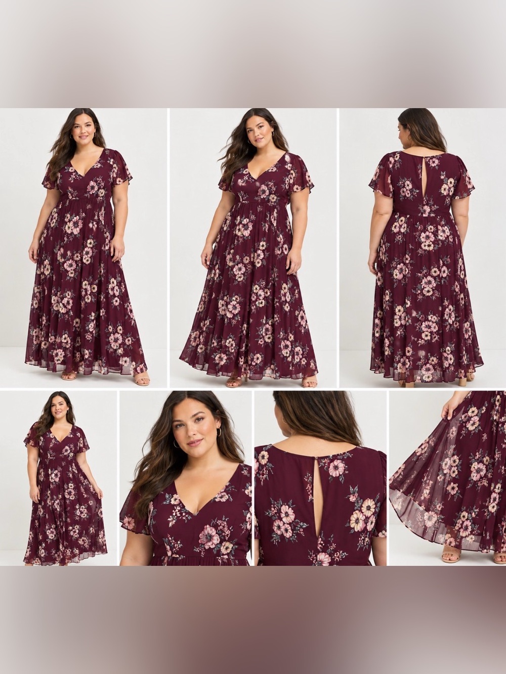 torrid Burgundy Floral V-Neck Maxi Dress with Pink Blooms